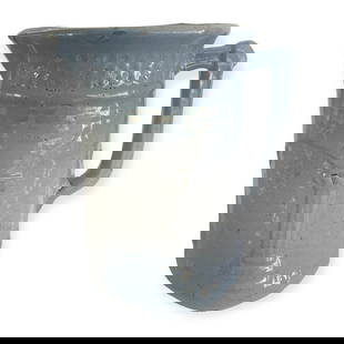 Blue & White Stoneware Column Pitcher: Vintage Blue & White stoneware crockery Columns pitcher. 9 inches tall. One small nick side of spout