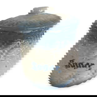 Blue & White Basket weave Covered Sugar Jar: Vintage rare Blue $ White stoneware crockery covered Sugar jar. Basket weave pattern. Good color. Jar excellent, lid with one small nick to edge. 7 inch.