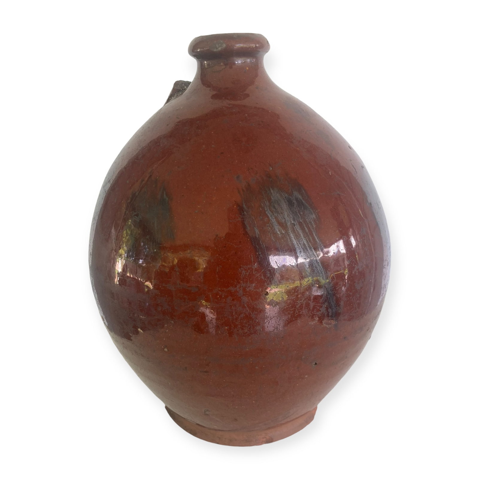 Early Pa Slip Decorated Redware One Gallon Ovoid Jug: Early Pa. slip[ decorated one gallon redware jug. Chips at base and missing handle
