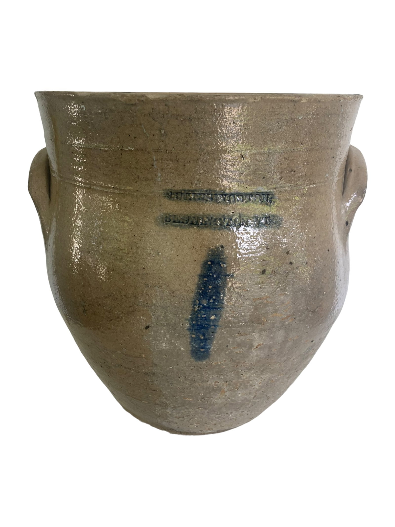 Julius Norton Decorated One Gallon Cream Pot: Rare signed Julies Norton one gallon decorated cream pot. 8 1/2 inches tall. Ear handles. Blue swabs on name and blue 1 on front. Small nicks around top rim.