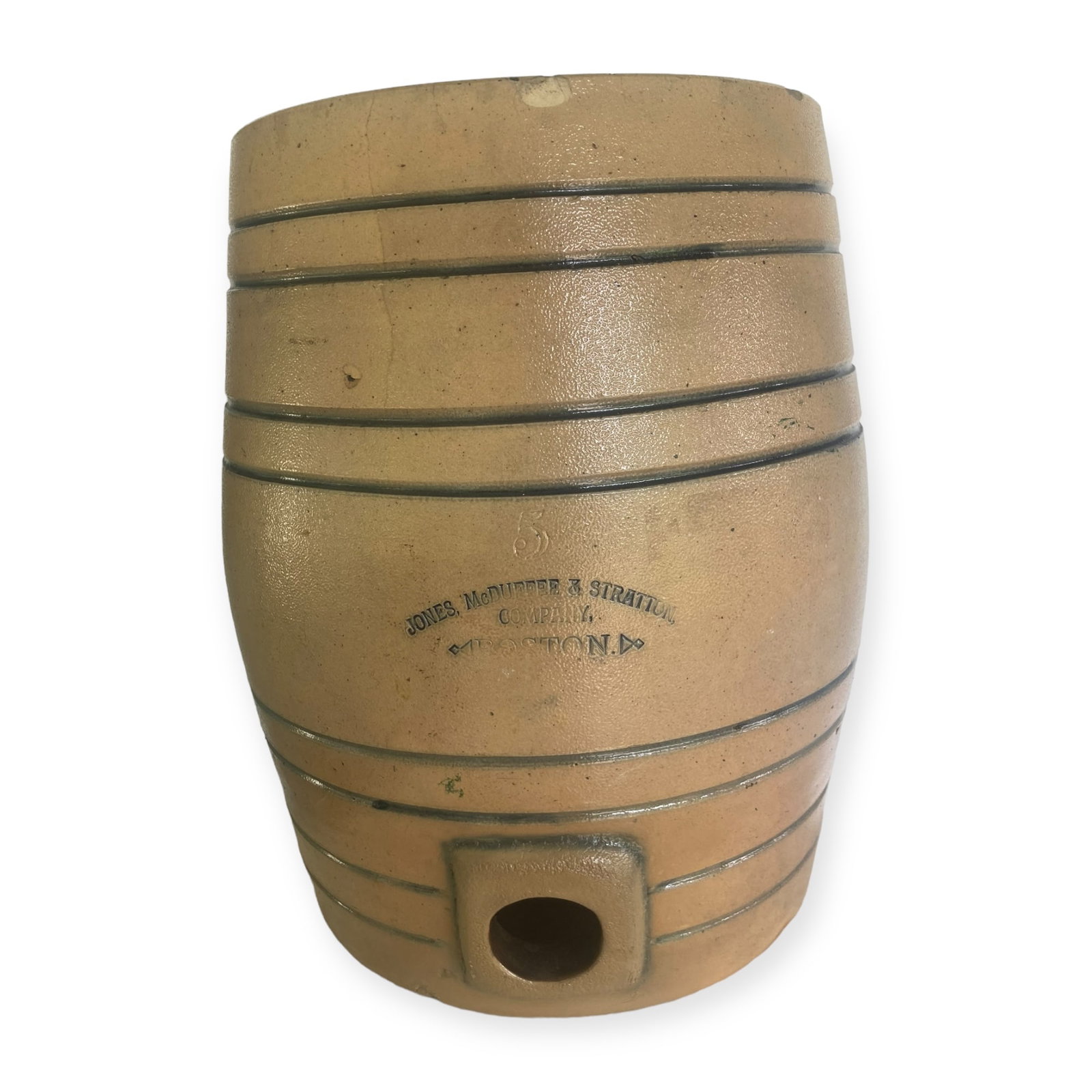Jones , McDuffee & Stratton Boston 5 Gallon Salt-Glazed Water Cooler: A 5 gallon water cooler by Jones, McDuffee & Stratton. 8 blue bands and blue around bung hole. chip at top and small one at base plus a 4 inch tight line coming down from the top.