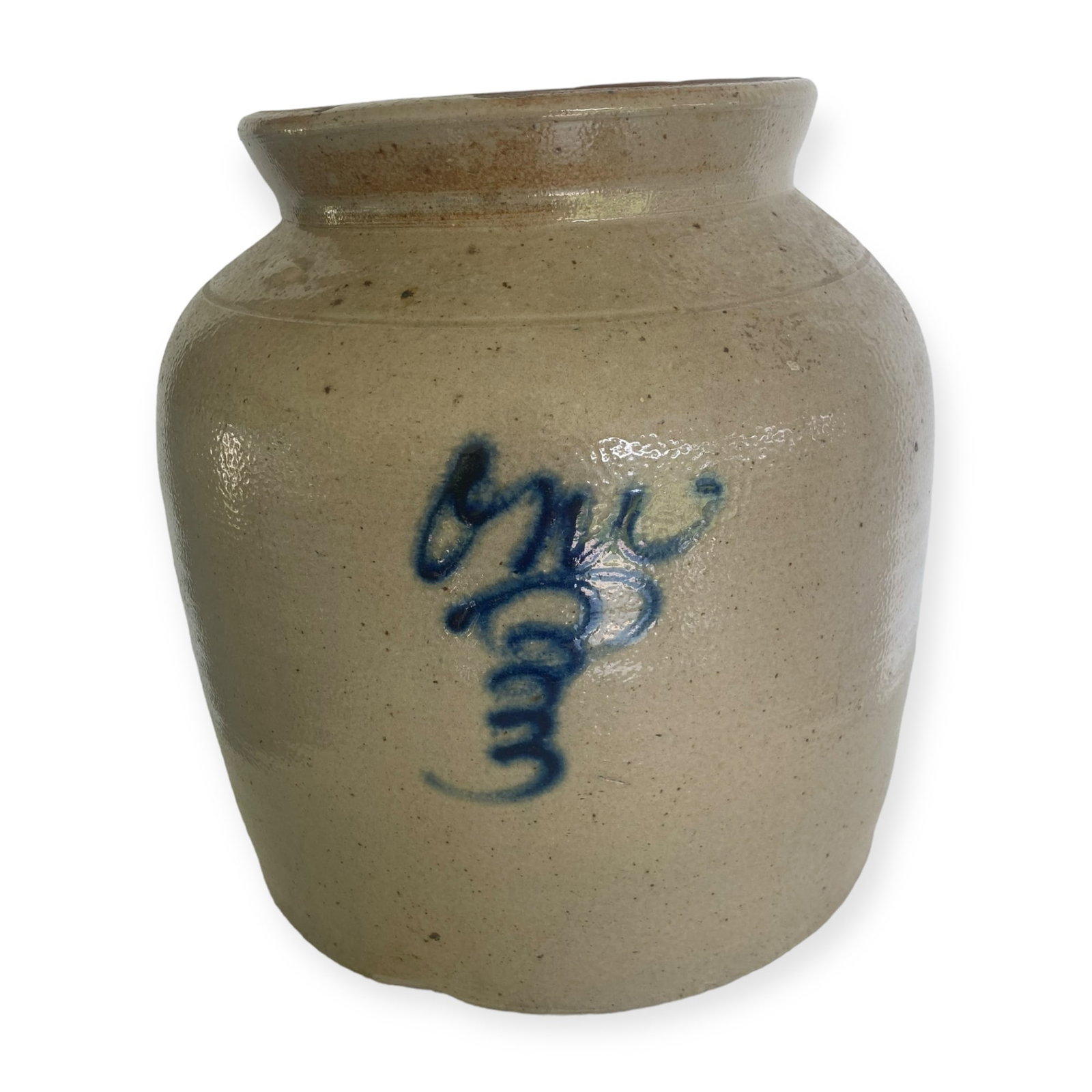Nice Early Crock Jar With Blue Word One and Design On Front (1 of 2)