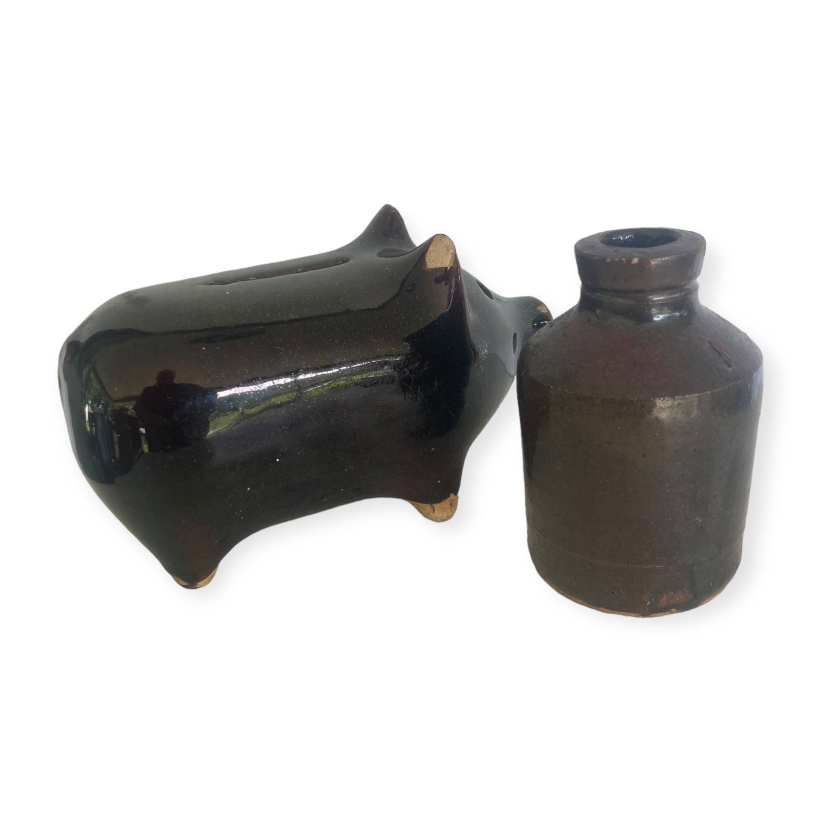 Stoneware Pig Bank & Miniature Stoneware Bottle. (1 of 1)