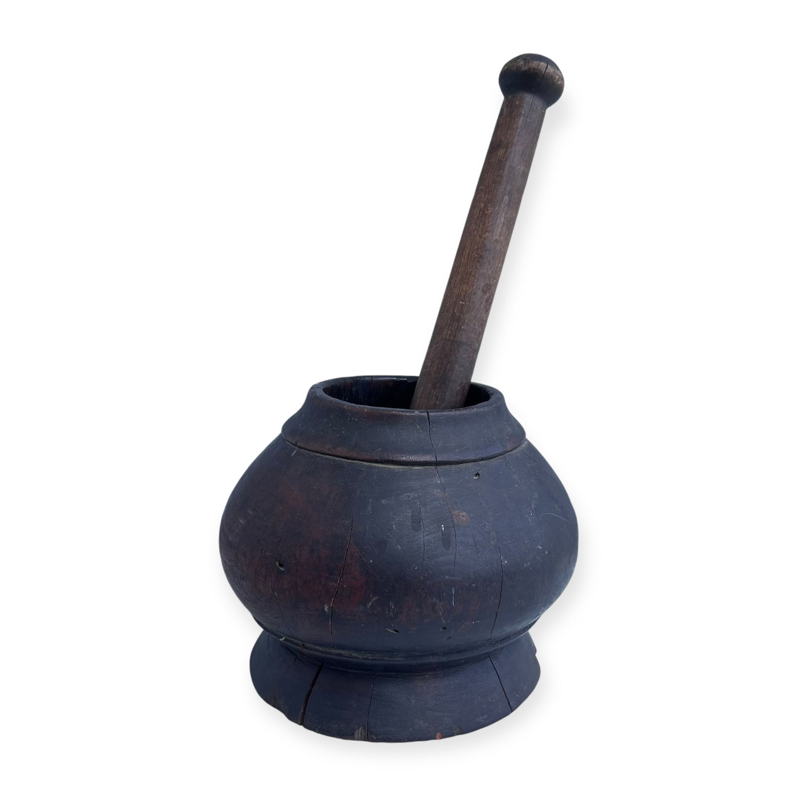 Wooden Mortar & Pestle: Large in size measuring approx 7.5 x 9 inches wide. Some cracks and chips. 19th century.