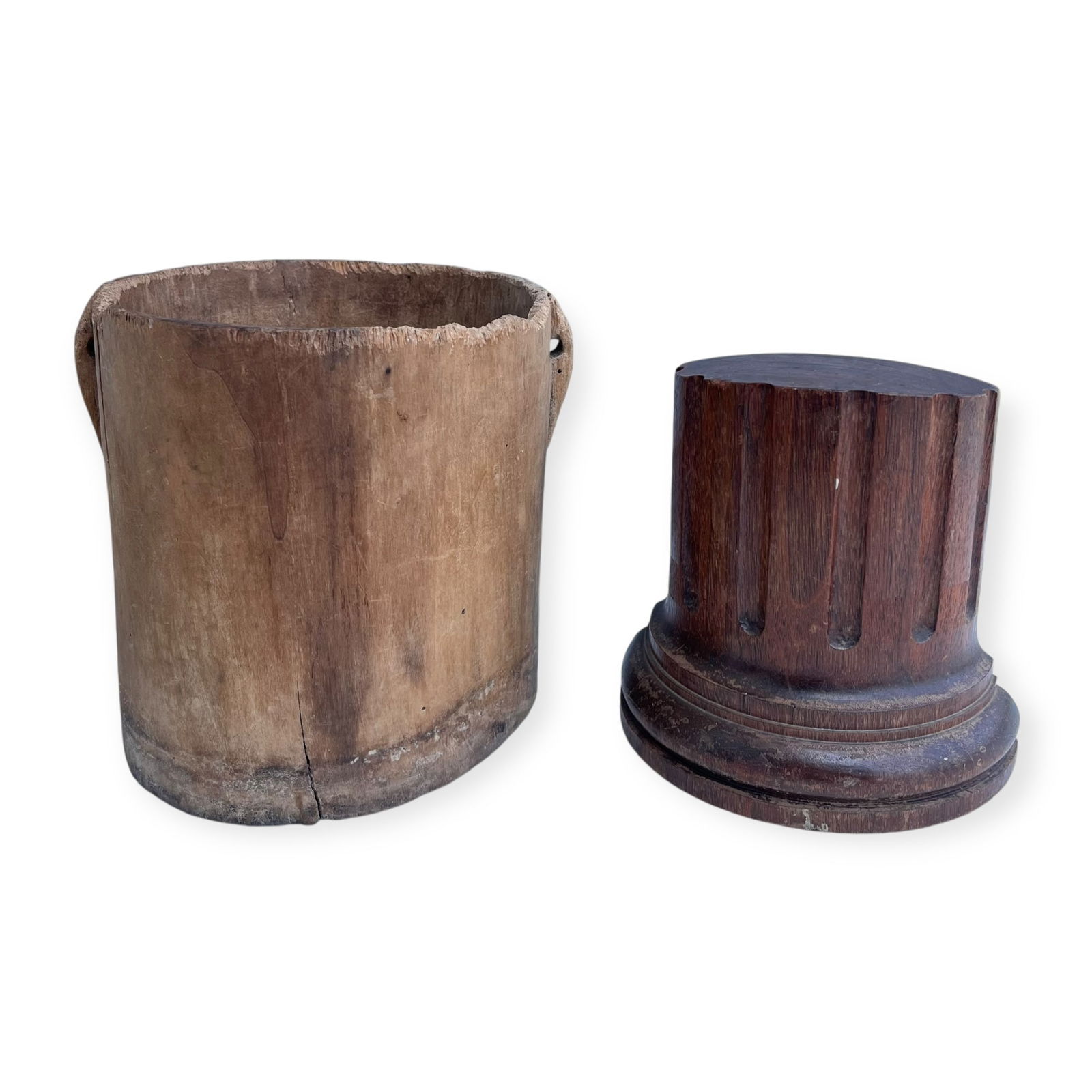 Wooden Bucket & Single Bookend: Bookend measuring 6.5 inches tall x 7 inches wide. The 19th century wooden carved bucket measuring approx 7 x 8 inches.