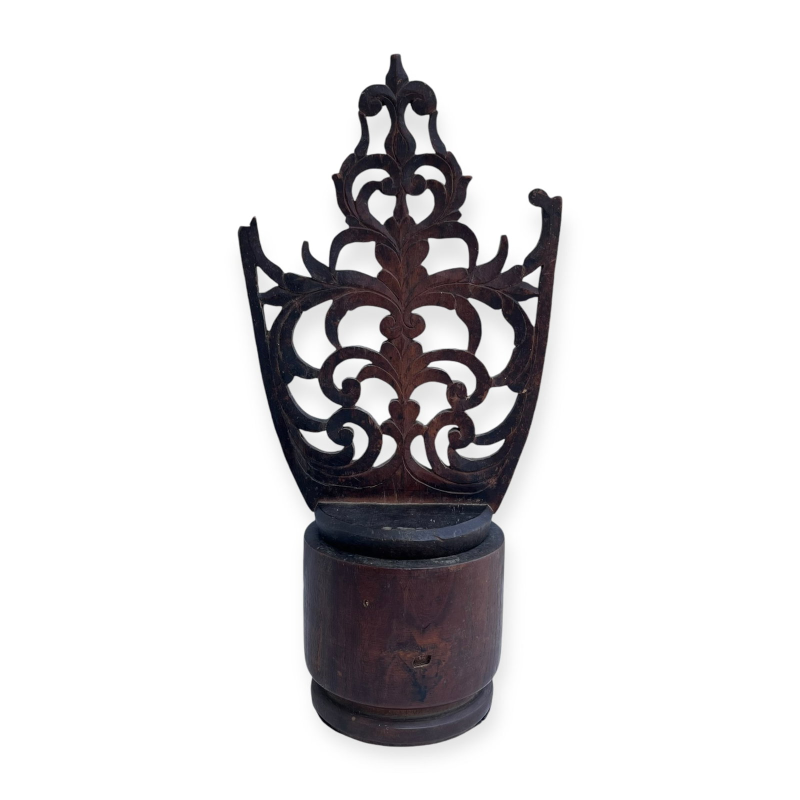 Wooden Tub With Carved Fretwork Top: Measuring approx 18 inches tall x 8 inches at widest point.