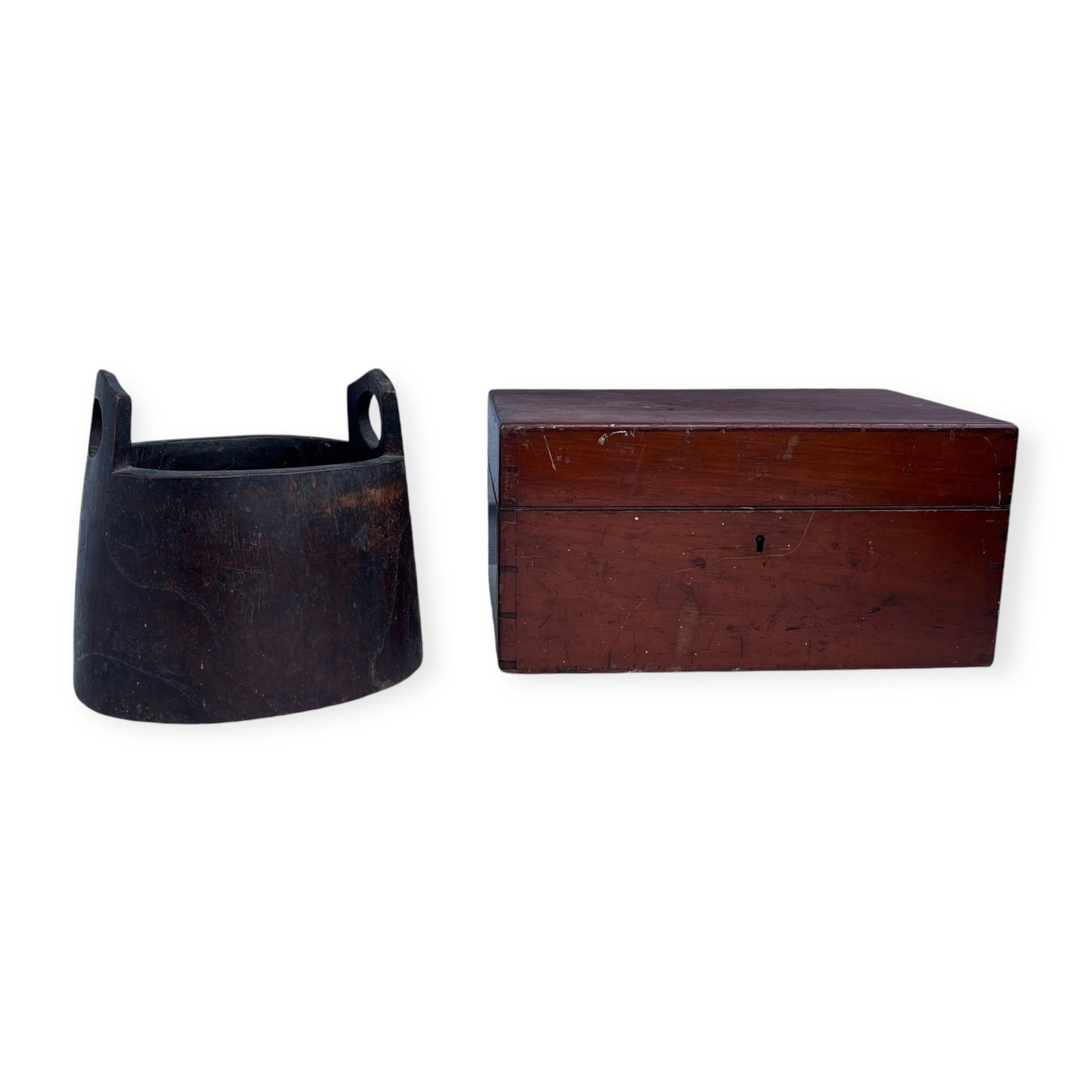 Dovetailed Box & Wooden Tub: Dovetail box (as is), broken out hinges, with a European wooden tub. The box measuring approx 12 x 6 x 7.5 inches. The wooden tub measuring approx 7 x 8 inches