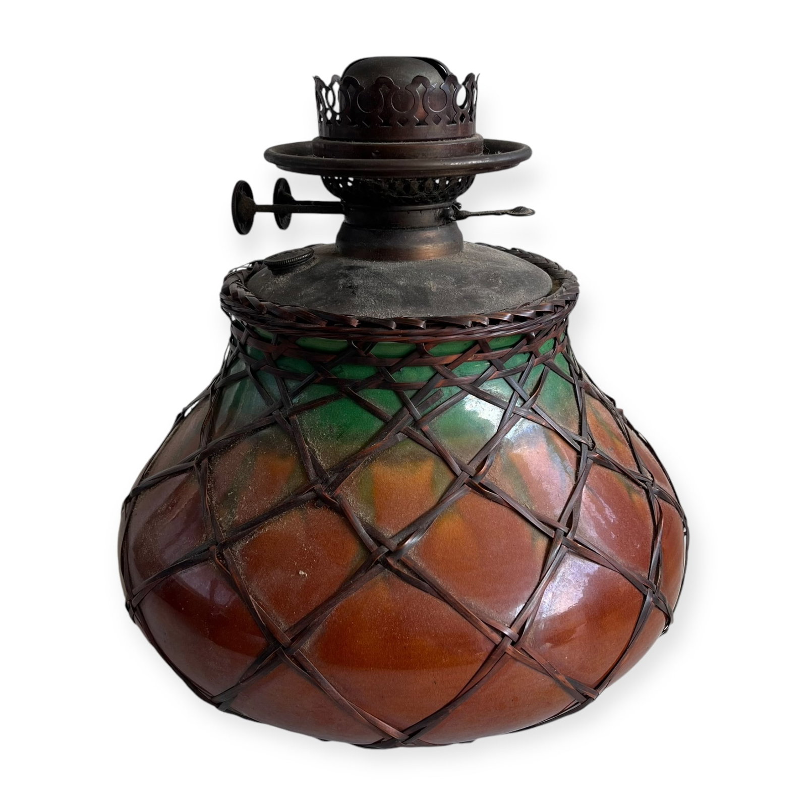 Large Glass Oil Lantern: Marked B & H. Glass, measuring approx 11 x 11 inches.