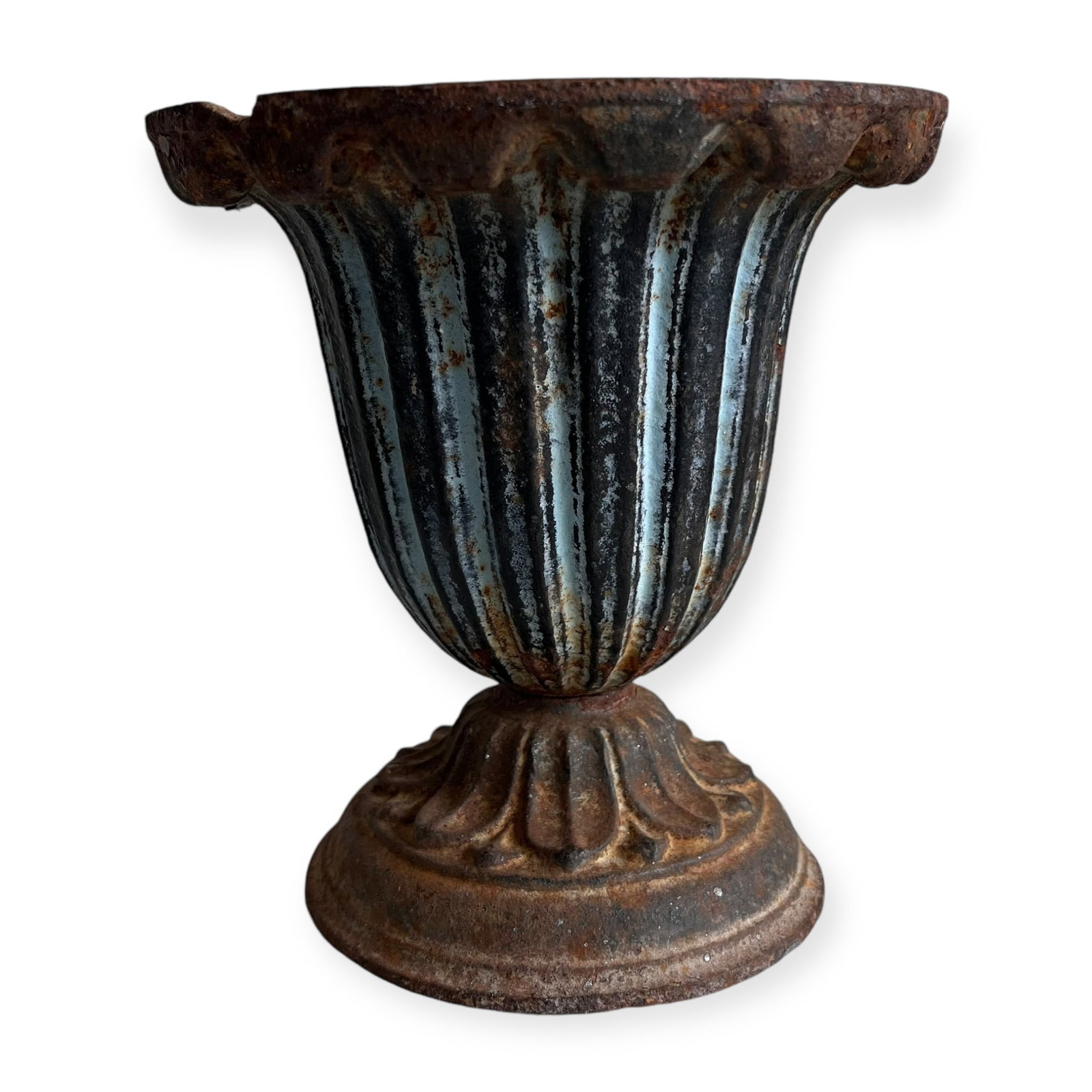 Diminutive Cast Iron Urn: 2 Pieces, measuring approx 7 inches tall.