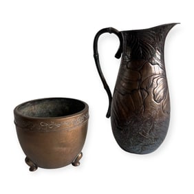 Hammered Copper Pitcher & Footed Bronze or Copper Censor