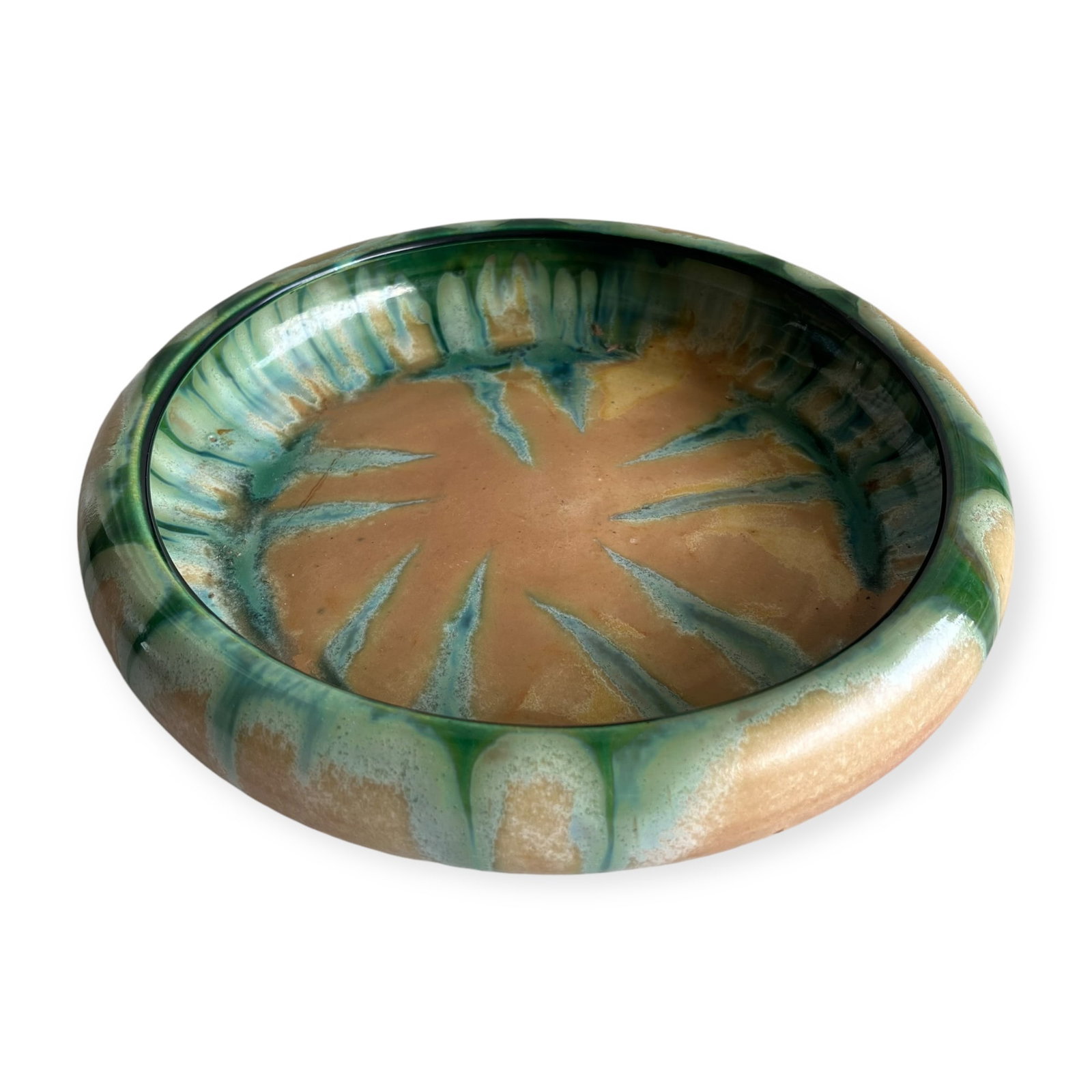 Round Belgium Art Pottery Dish: Measuring approx 2 inches tall x 12 inches in diameter. Good condition and color. Marked at bottom BELGIUM.