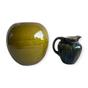 Pair of Green Art Pottery Pieces