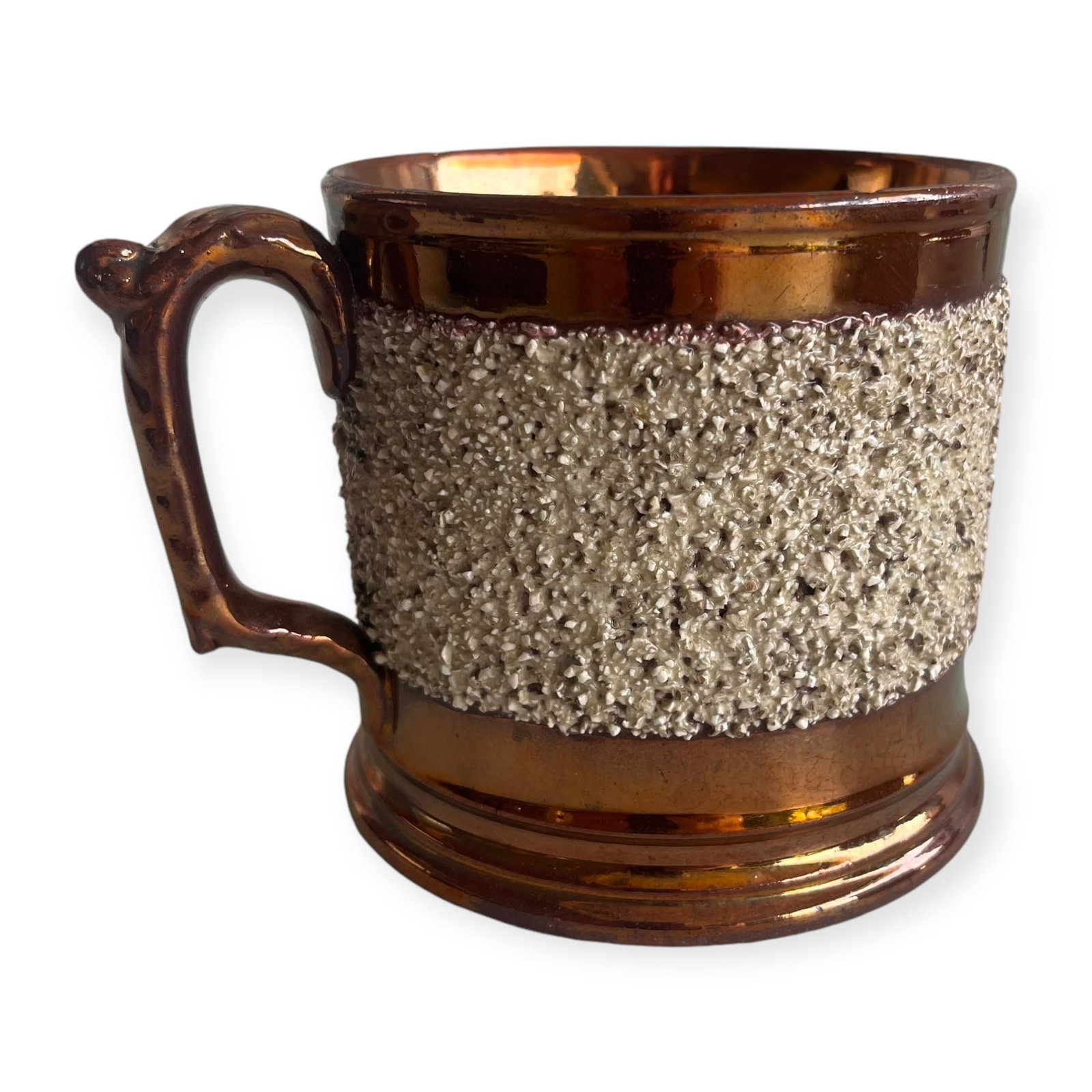 Sand Textured Copper Luster Mug: Circa 1870, good overall condition. Measuring approx 4 inches stall. Interior small chip.