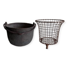 Heavy Iron Cauldron & Wire Basket