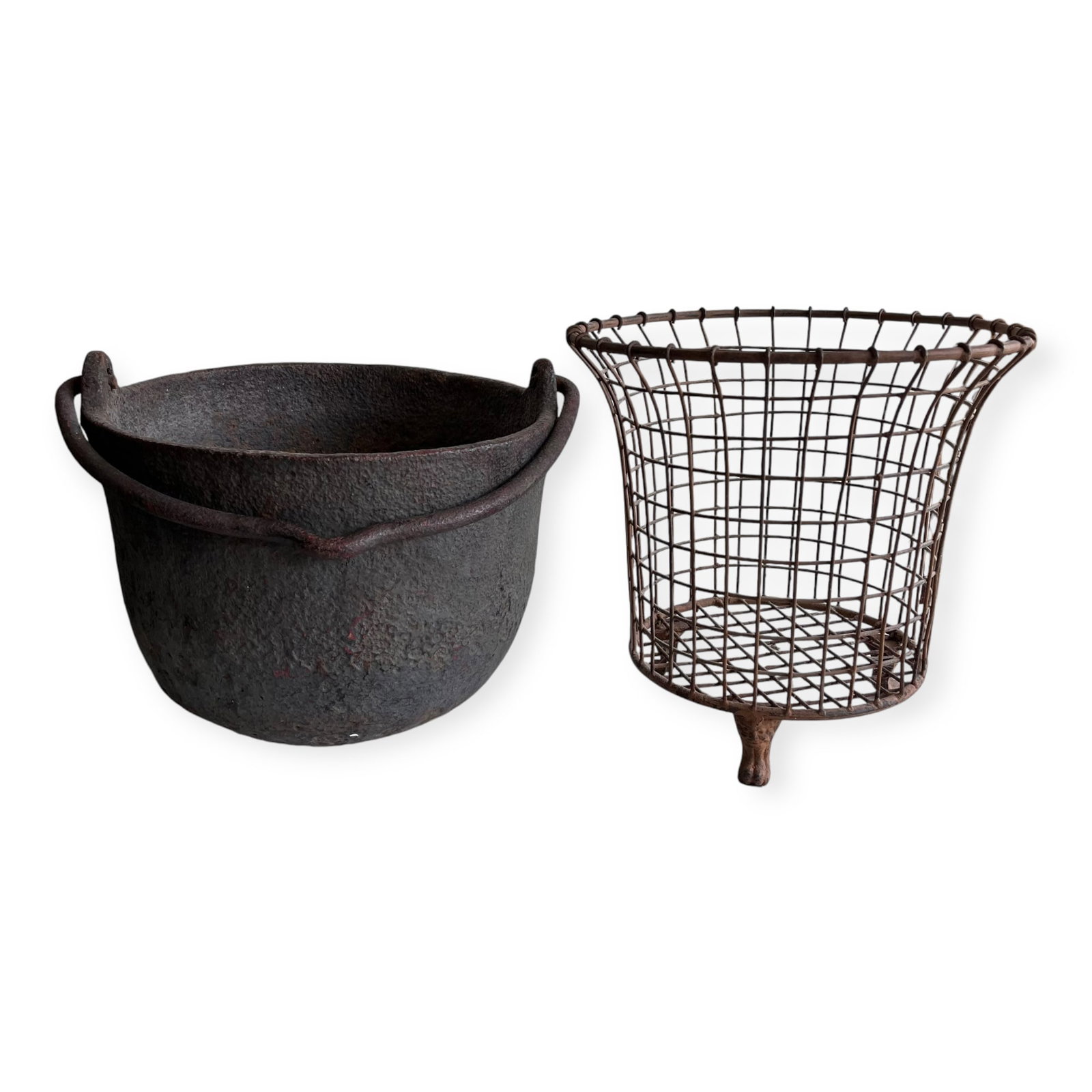 Heavy Iron Cauldron & Wire Basket: Both 19th or 18th century, the iron bucket measuring approx 14 x 12. Too heavy to ship, pick up only.