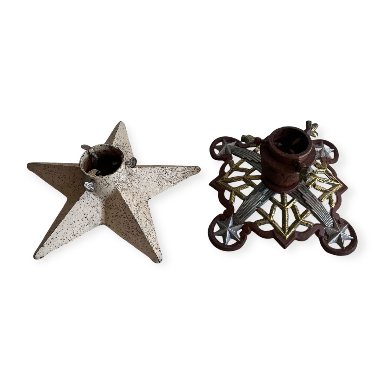 Pair of Christmas Tree Stands: The white star stand measuring approx 14 x 14 inches, and the other approx 11 x 11 inches.