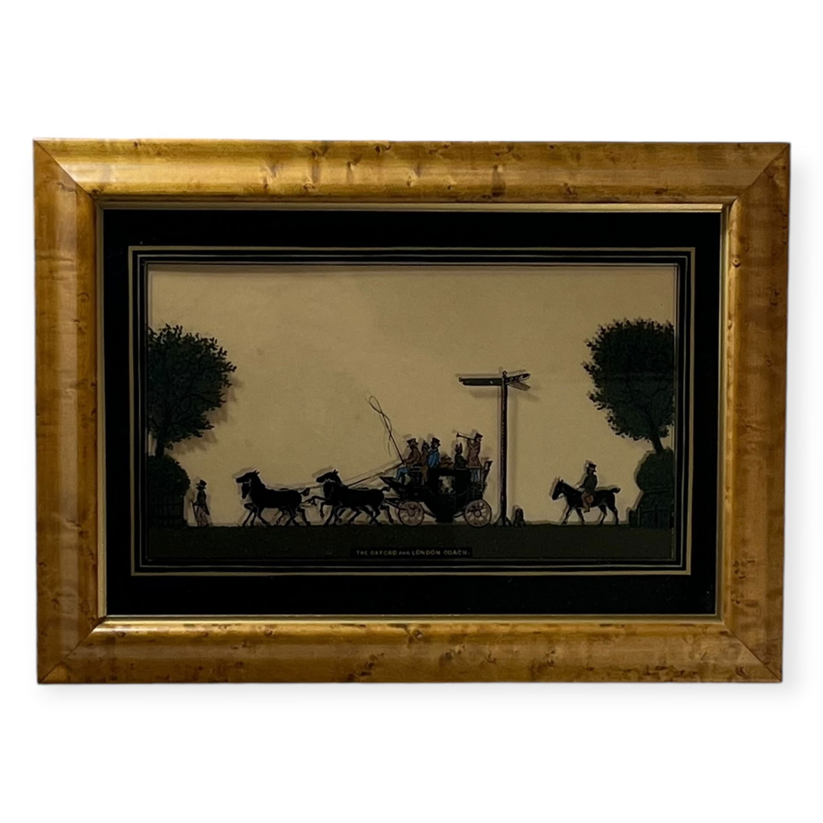 The Oxford and London Coach, Reverse on Glass: Birds eye maple frame, measures 17 3/4 inches x 13 inches.