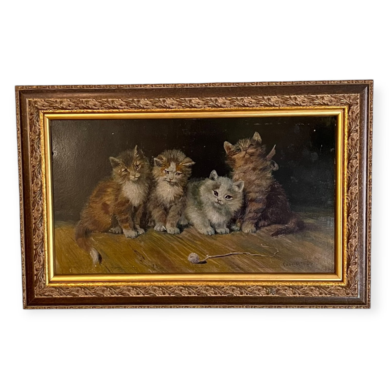 Carl Mutze (American) Oil on Board of Kittens: Carl Mutze (American) Oil on Board of Kittens, measures approx 9 x 16 inches.