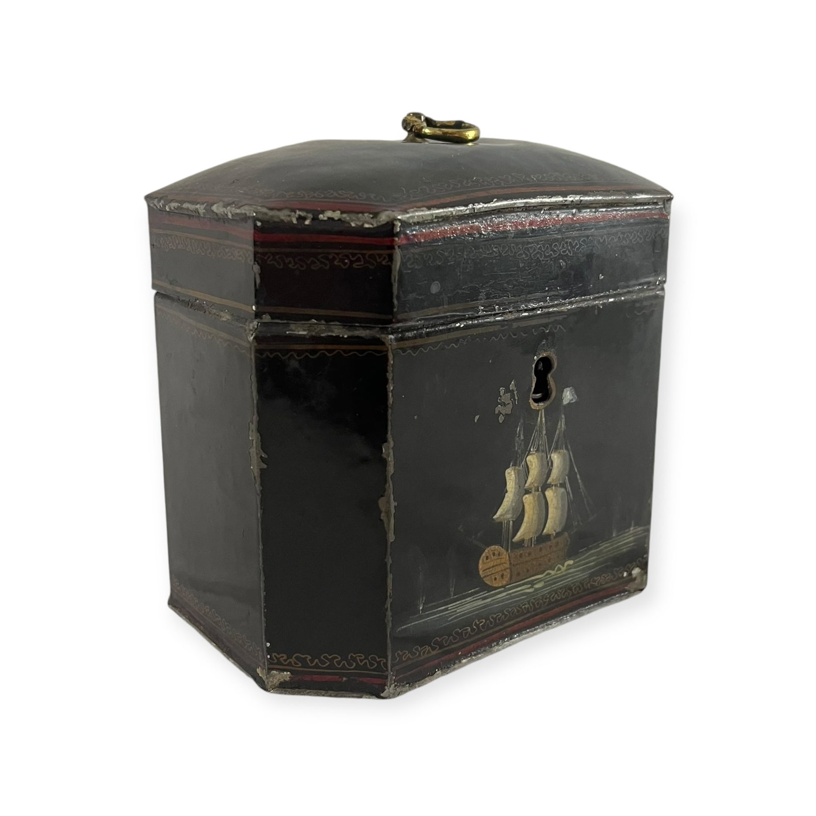 Painted Toleware/Tin Tea Caddy: Toleware/tin, with paint and some age expected wear. Measuring 4.5 inches wide x 4.5 inches tall x 3.5 inches deep.