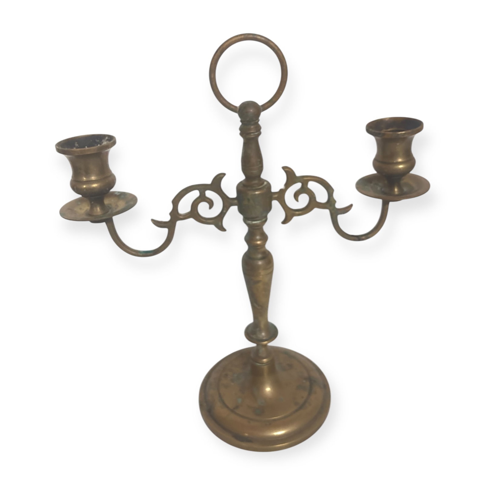 Brass Double Candelabra: Ring handle double brass candelabra. 12 inches tall. Excellent as found attic condition