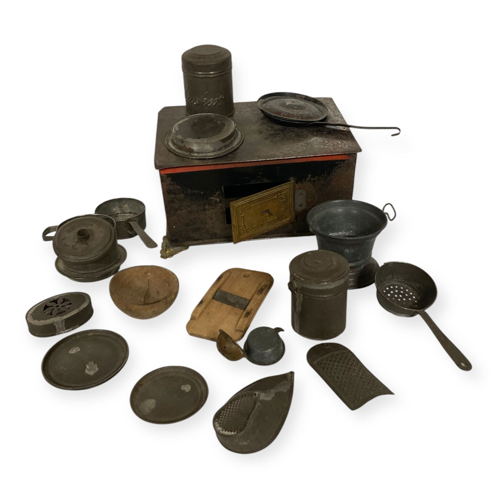 19th Century Tin Toleware Childs Stove & Lots of Accessories (1 of 3)