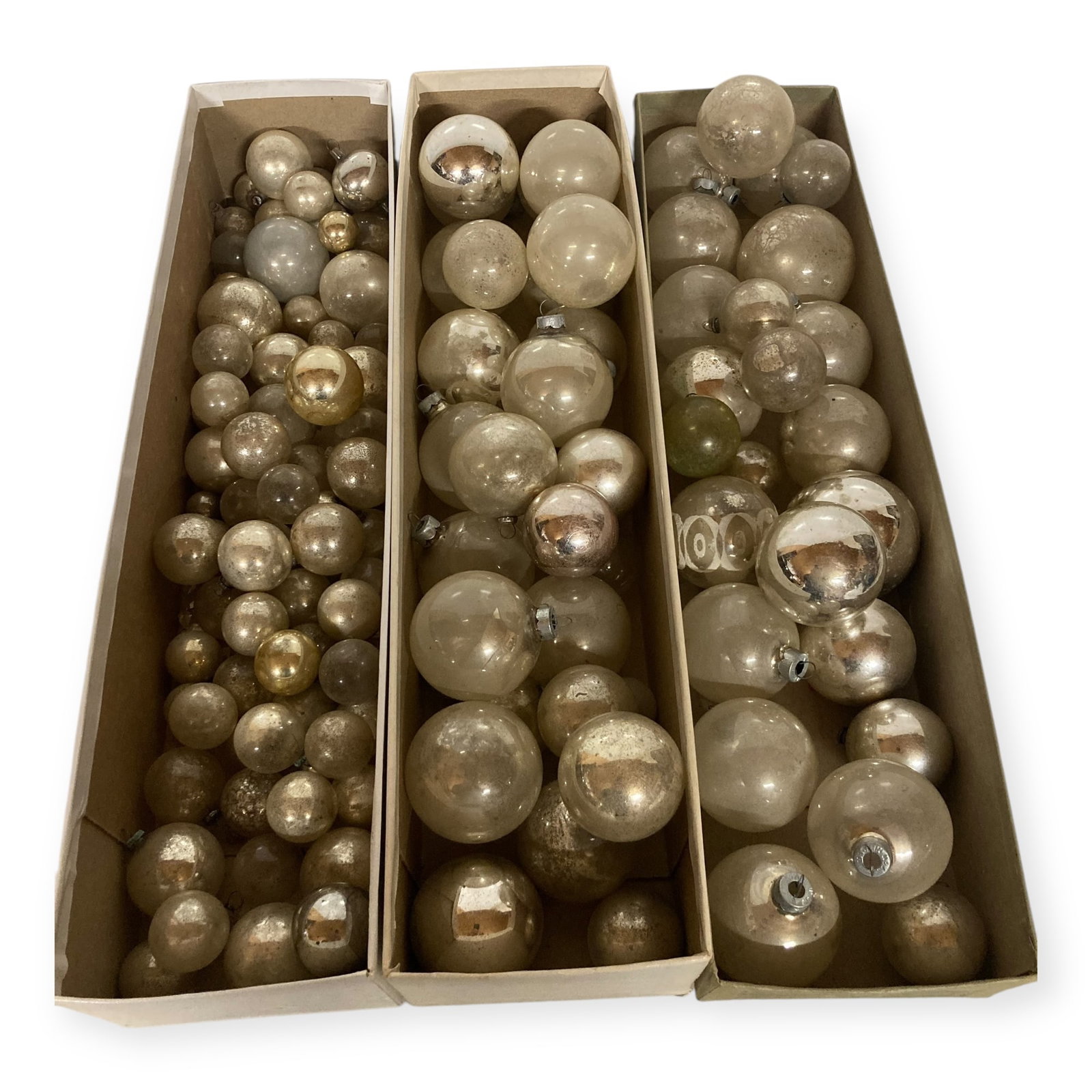 Vintage Glass Christmas Ornaments: Large group of silver to clear vintage glass Christmas ornaments. App. 130-140