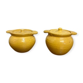 Pair of Rainbow Pottery Lidded Sugar Bowls