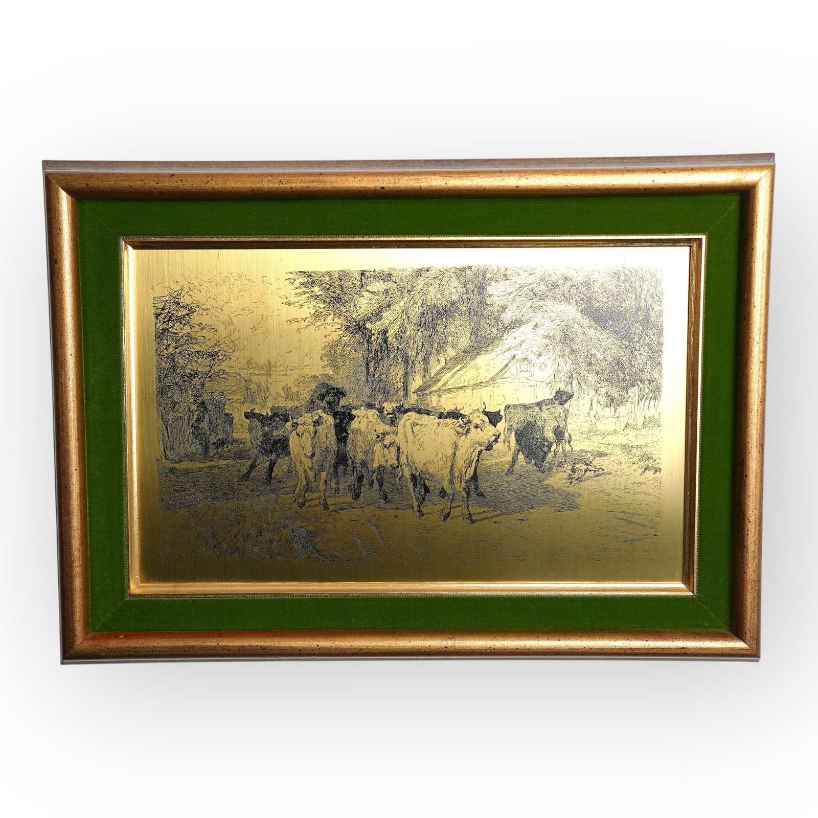 20th C Brass Etching of Cattle: This vintage brass etching beautifully captures a serene cattle scene, evoking the timeless charm of the countryside. The detailed engraving on brass reflects light in a way that enhances its depth an