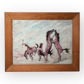 20th C Oil Painting of Wild Horses