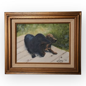 20th C Oil Painting of Two Dachshunds