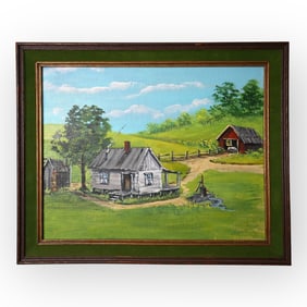 20th C Oil on Canvas Board of Farmhouse Landscape in Summer