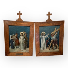 Pair of Religious Paintings On Copper In Original Oak Frames