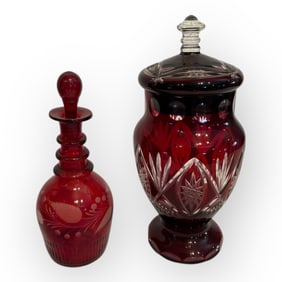 Victorian Ruby Cut To Clear Covered Vase & Cruet