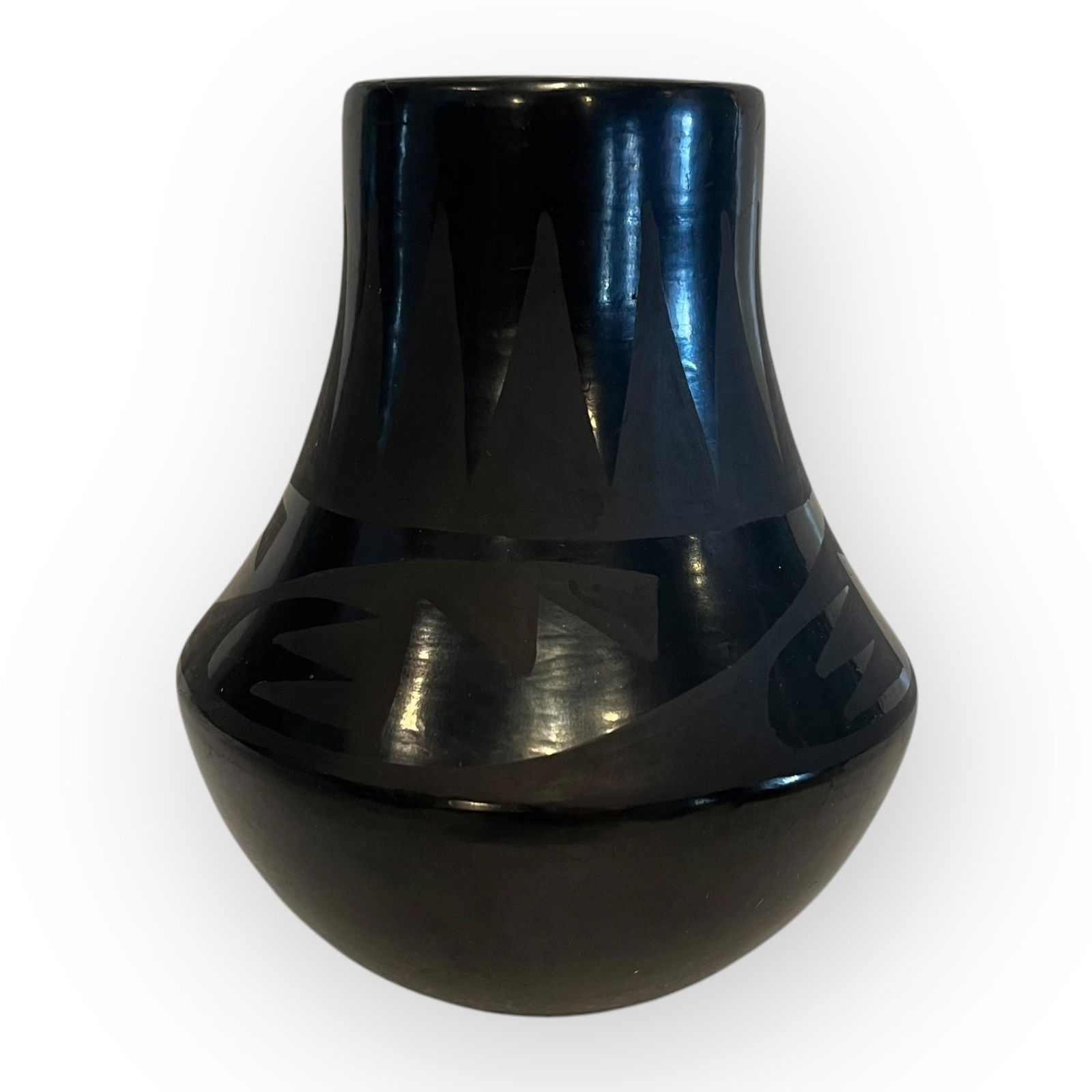 San Ildefonso Pottery Vase (Rose Gonzales, 1900-1989): Signed at bottom ROSE for Rose Gonzales. In good overall condition with an interior rim chip. Measures approx 5 inches tall.