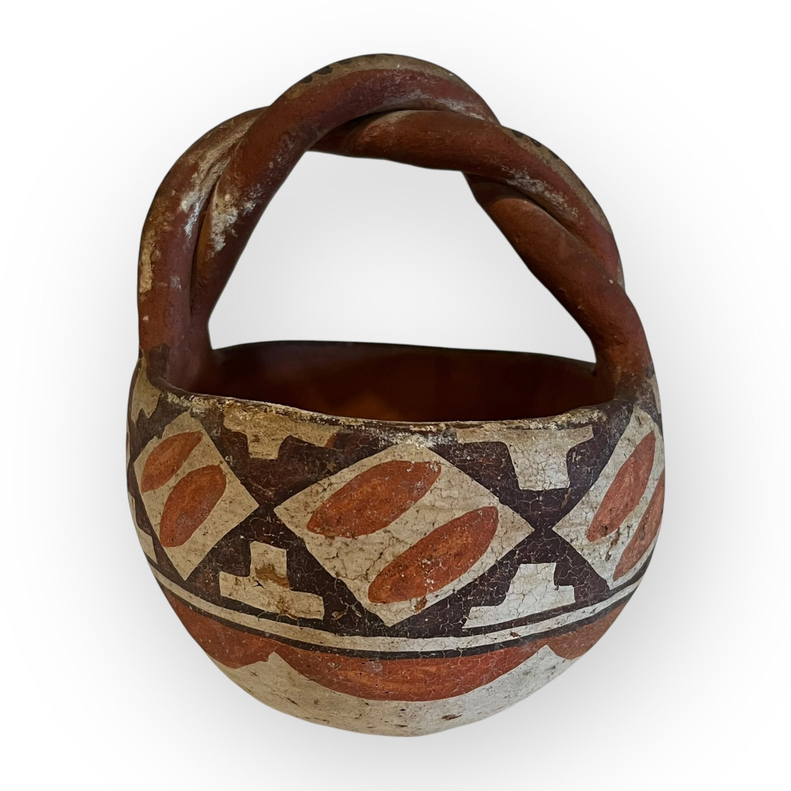 Small Twist Handled Isleta Pottery Basket: In good condition, measuring approx 6 inches tall x 4.5 inches in diameter.