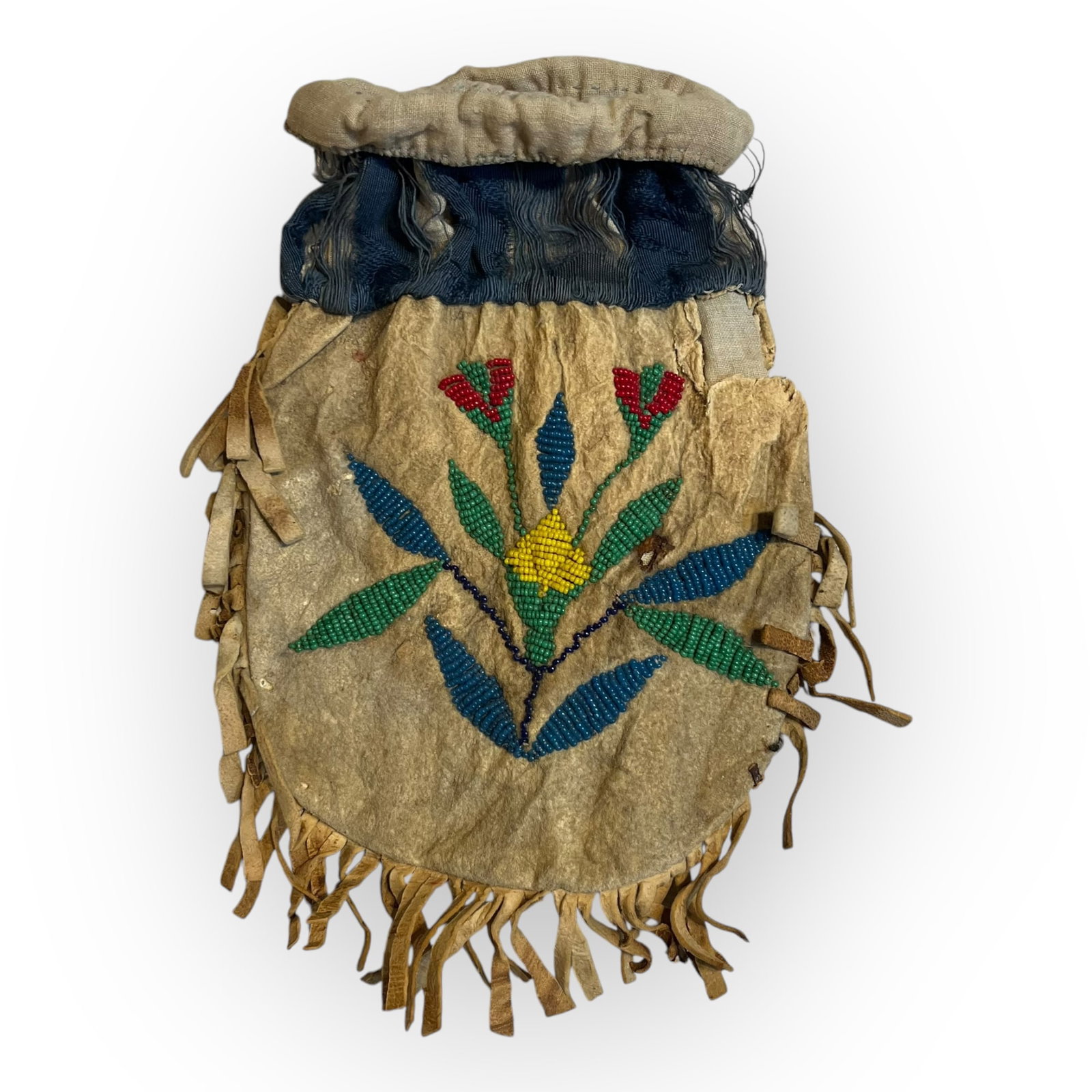 Early Plains Native American Beaded Bag: Double sided, some bead and hide lose. Measures approx 10.5 x 8 inches.