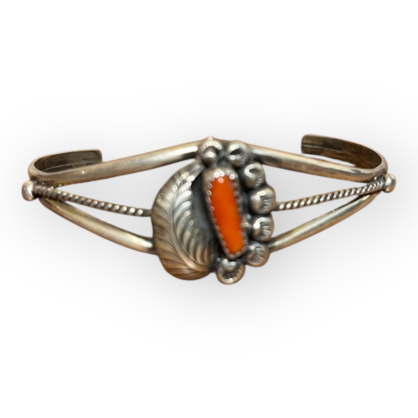 Native American Coral Bracelet: Measures approx 2.5 inches across. marked J Johnson.