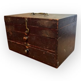 19th C Miniature 2 Drawer Chest in Original Red Paint