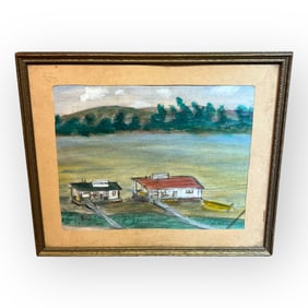 19th C Watercolor Farm Scene