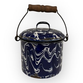 Rare Size Cobalt And White Enamel Berry Pail