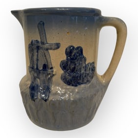 Blue & White Dutch Mill Scene Pottery Stoneware Pitcher