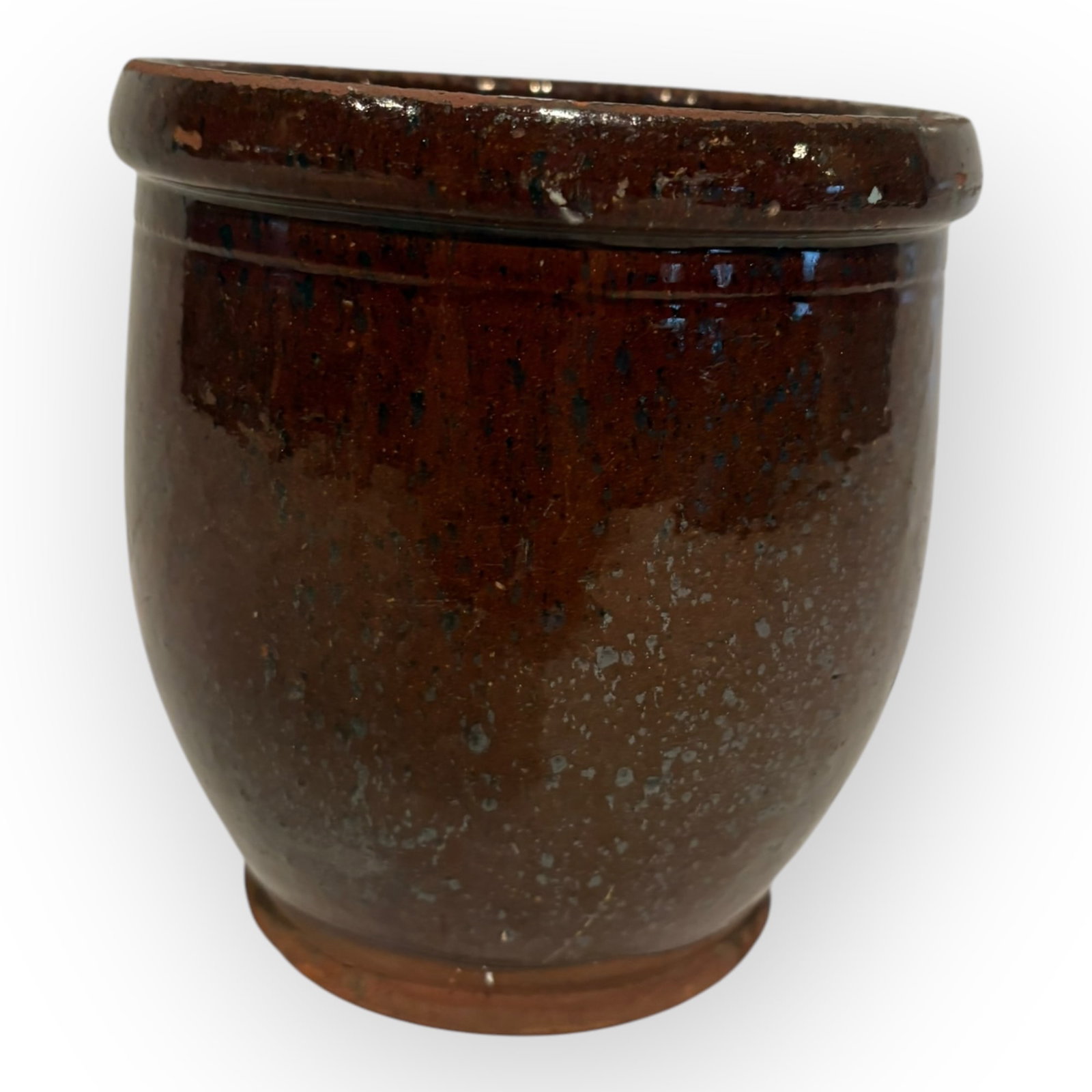 19th Century Redware Small Cream Pot: A redware small cream pot. Brown glaze with raised rim and 2 incised lines at top. Excellent condition. 5 3/4 tall