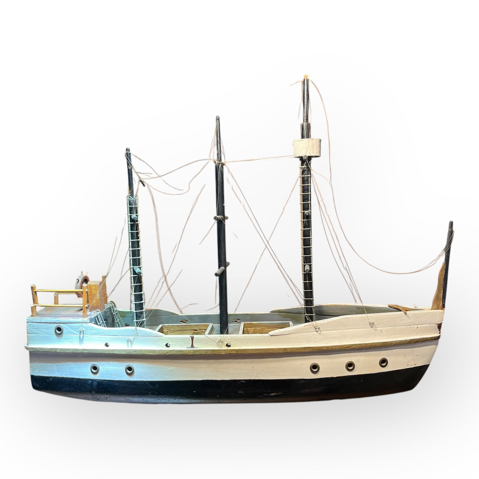 Folk Art Wooden Ship Model: From a Milwaukee collection, an original painted surface. Measures approx 28 inches in length on a custom made stand.