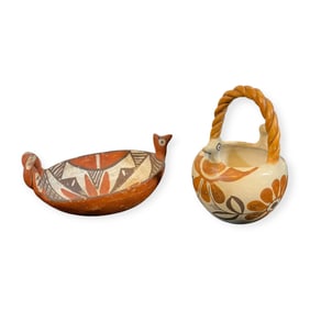 Pair of Acoma Twist Handled Bird Effigy Pottery Pieces