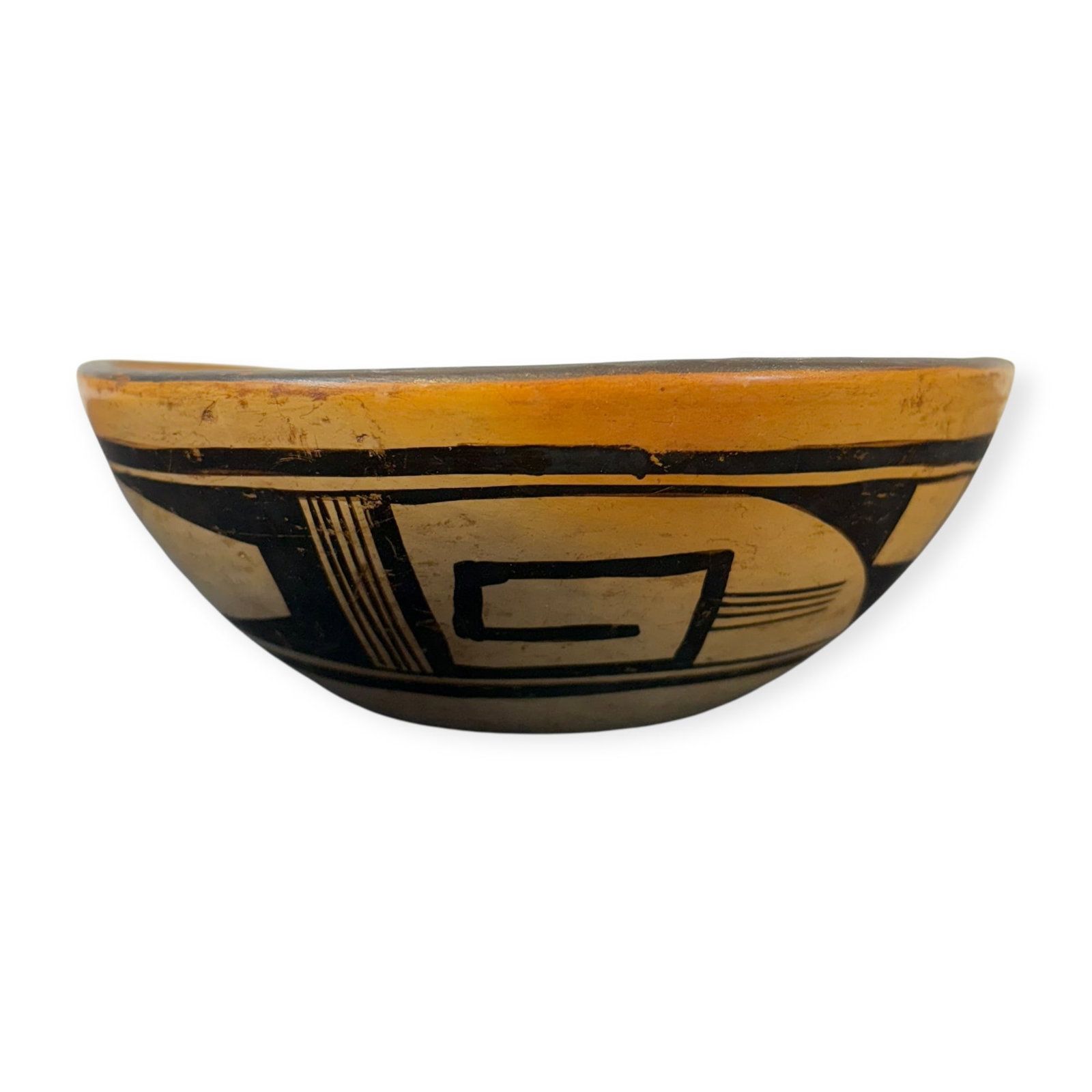 Early Hopi-Tewa Polychrome Pottery Bowl: Measuring 6 1/4 inches in diameter, black on white. An early pottery bowl and in good condition.