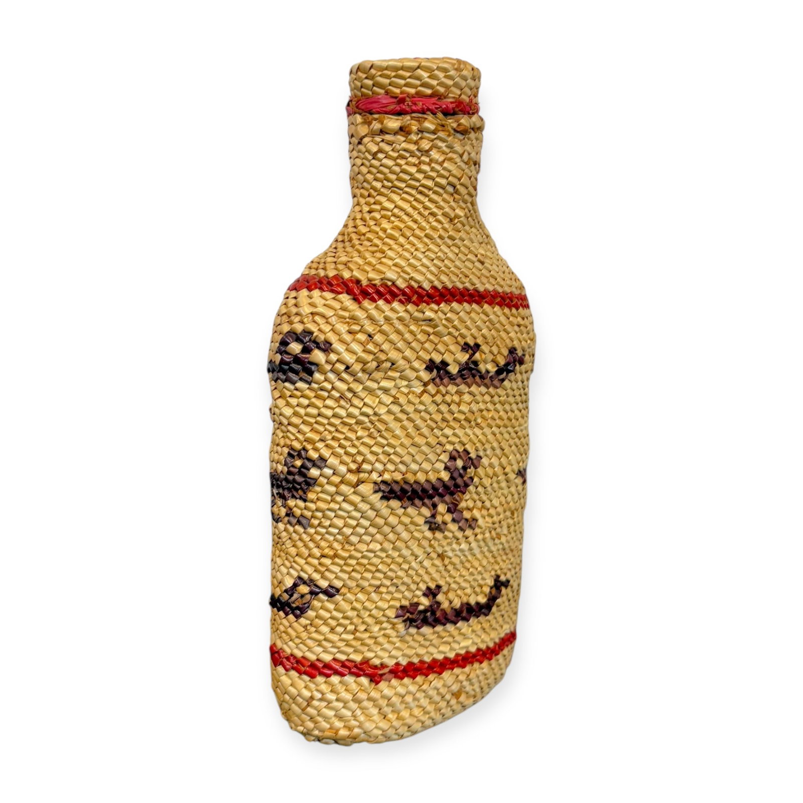 Northwest Coast (Makah) Basketry Bottle: Measuring 8 inches tall, with designs of whale hunting boats, shorebirds and ducks. Circa 1940-1960. Good condition.