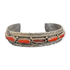 11 Stone Coral Navajo Sterling Silver Bracelet