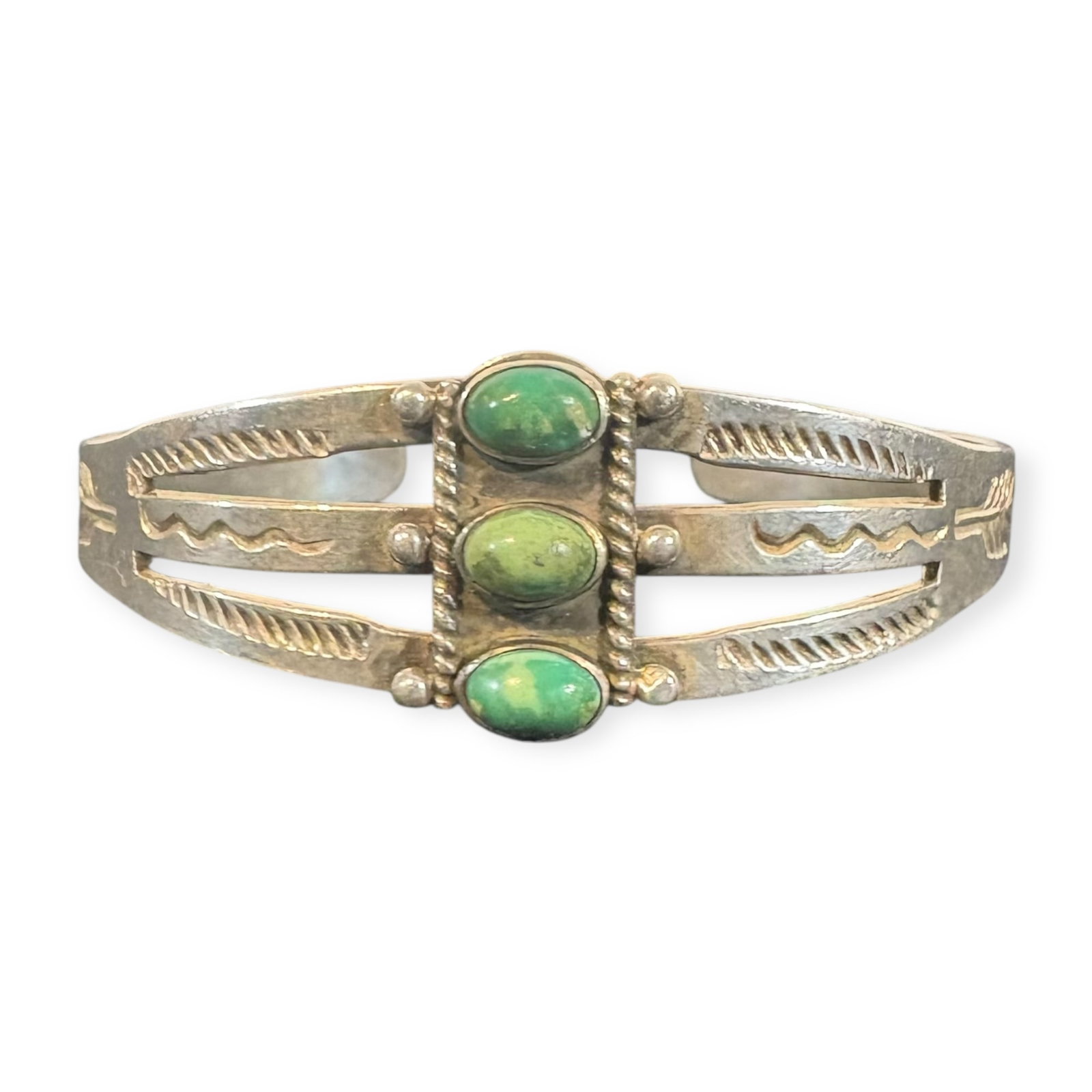 3 Stone Fred Harvey Era Stamp Work Navajo Bracelet: Good overall condition, measures approx 2 3/4 inches across.
