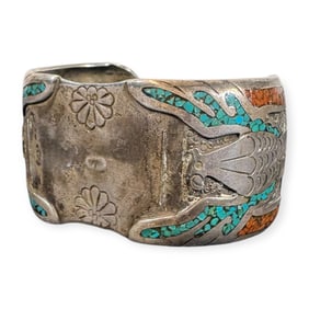 Large Zuni Inlaid Silver Cuff Signed J Nezzie