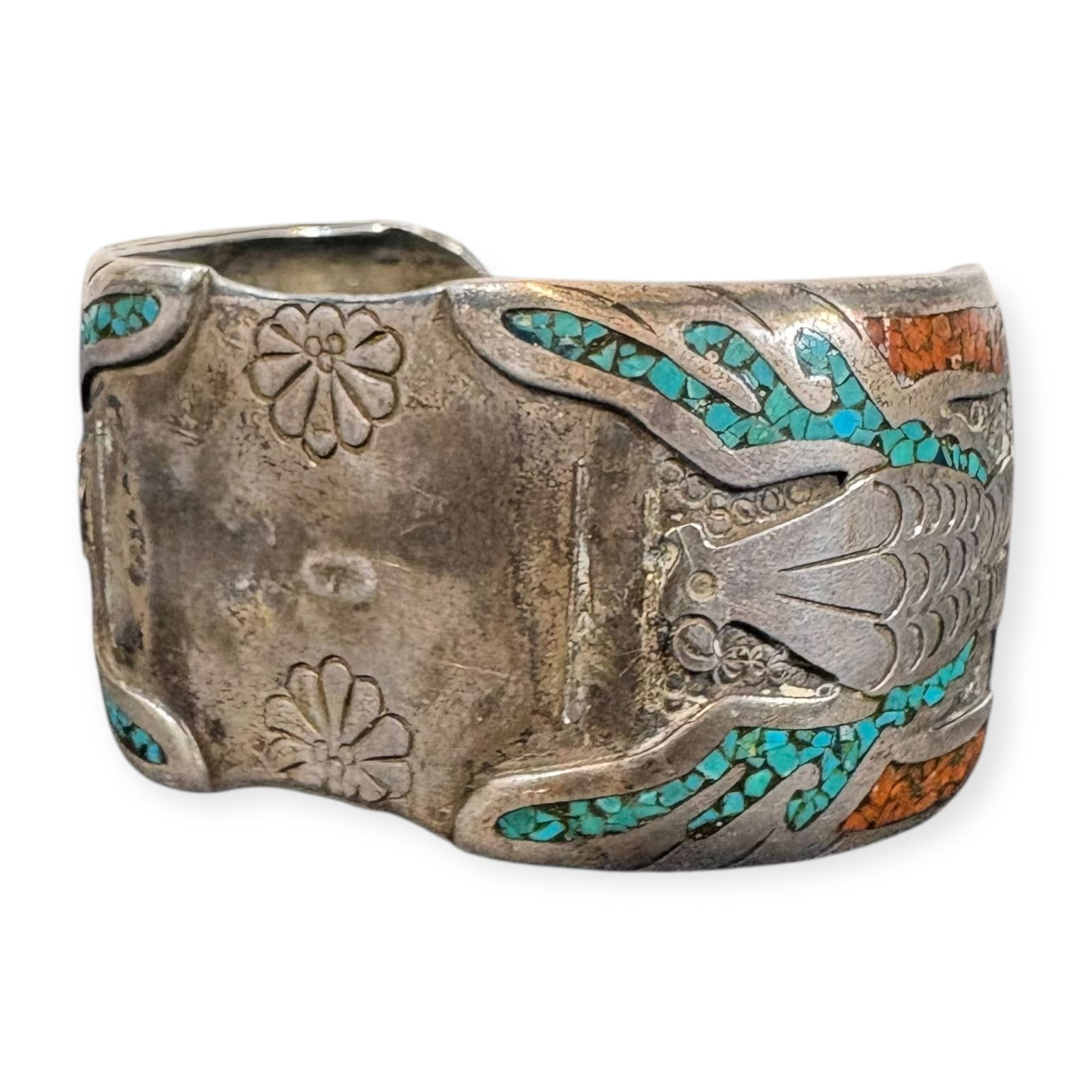 Large Zuni Inlaid Silver Cuff Signed J Nezzie (1 of 1)